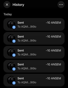 The image shows a transaction history screen with five consecutive "-10 ANSEM" entries all sent to the same recipient address starting with "AQMi...9t9o", illustrating the poster actively distributing $ANSEM airdrops as promised.