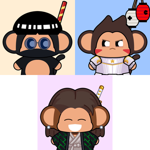 Three cartoon monkey characters dressed as anime characters: a ninja monkey, a monkey with a NES controller resembling Mega Man, and a smiling monkey with a sword.