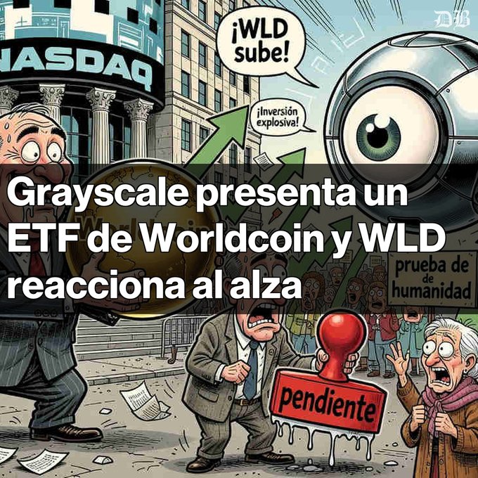 A cartoon-style illustration showing the NASDAQ building and characters reacting to a Worldcoin ETF announcement, with Spanish text reading 'Grayscale presenta un ETF de Worldcoin y WLD reacciona al alza' along with speech bubbles like '¡WLD sube!' and '¡Inversión explosiva!'.