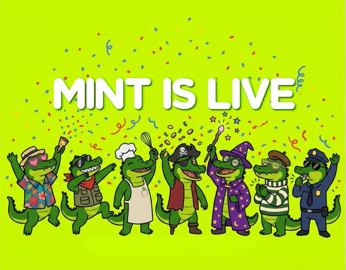 A vibrant, cartoon-style promotional image with a bright lime-green background announces "MINT IS LIVE" in bold white text, surrounded by colorful confetti and streamers. Below the text, a row of seven cheerful alligator/crocodile characters are depicted in various fun costumes — including a vacationer with sunglasses, a cowboy, a chef, a pirate, a wizard, a prisoner, and a police officer — each striking a celebratory pose that matches the festive mint-launch announcement for the Cho collection on OpenSea.