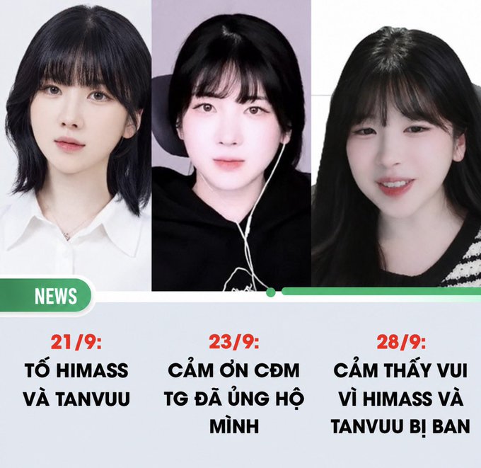 A news graphic featuring three photos of women with dates and Vietnamese text including '21/9: TỐ HIMASS VÀ TANVUU', '23/9: CẢM ƠN CĐM TG ĐÃ ỦNG HỘ MÌNH', and '28/9: CẢM THẤY VUI VÌ HIMASS VÀ TANVUU BỊ BAN'.