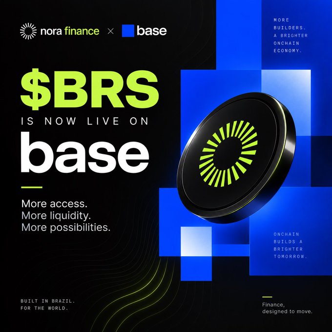 A promotional graphic announcing '$BRS is now live on base' by nora finance, featuring a black coin with a green logo and text 'More access. More liquidity. More possibilities.'