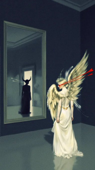 A digital artwork depicting a winged angel figure in a white dress looking in a mirror that reflects a dark, horned silhouette, with red arrows drawn pointing to the angel's face.