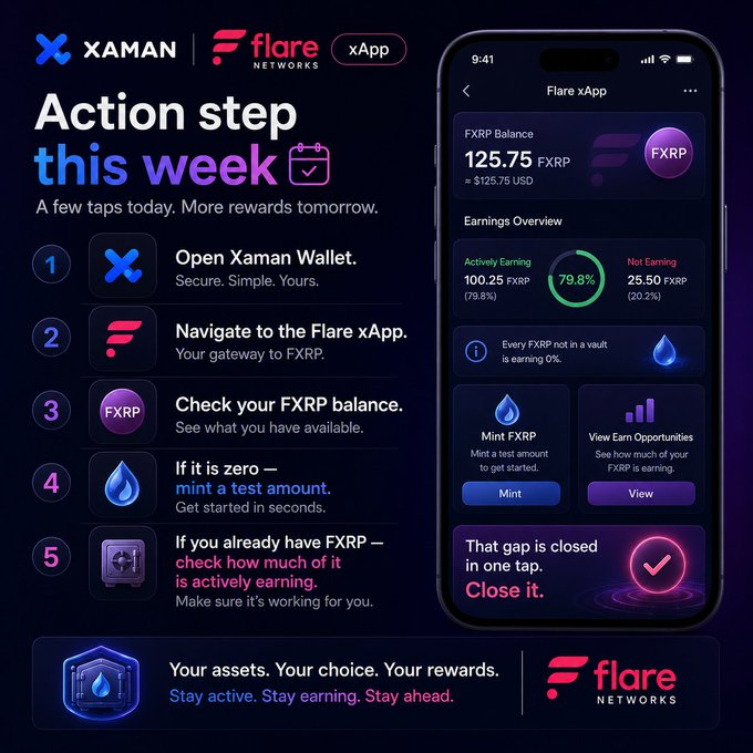 The image features a phone screen displaying an app called "FlareNetworks" with a purple background, white text, and various icons related to cryptocurrency trading. The app has a feature that allows users to accumulate rFLR rewards for active users on social media platforms like @FlareNetworks. The post suggests that the user should focus on accumulating rFLR rewards by engaging in specific activities or using certain features of the app.