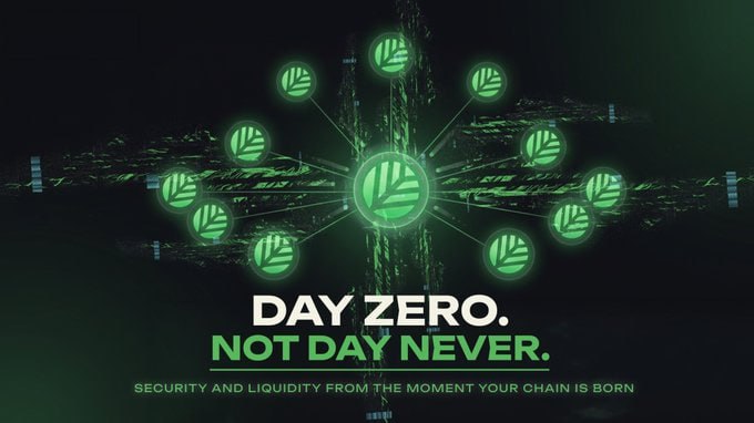 A digital graphic with green cryptocurrency/network nodes reading 'DAY ZERO. NOT DAY NEVER. SECURITY AND LIQUIDITY FROM THE MOMENT YOUR CHAIN IS BORN.'
