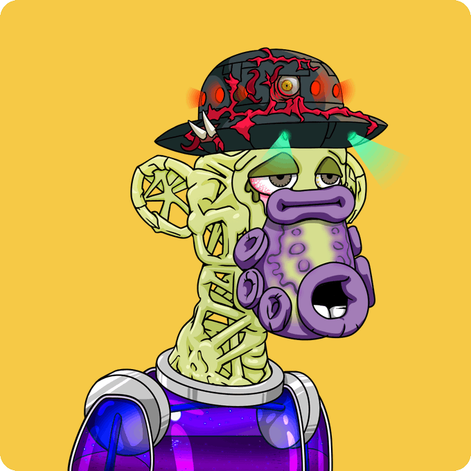 A distorted cartoon character wears a spiked helmet, has a long nose, and a purple mouth, with a brain visible through a cracked head on a yellow background.