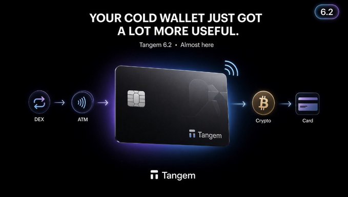 An advertisement for 'Tangem 6.2' featuring a black cold wallet card with the tagline 'YOUR COLD WALLET JUST GOT A LOT MORE USEFUL,' showing icons for DEX, ATM, Crypto, and Card connectivity.