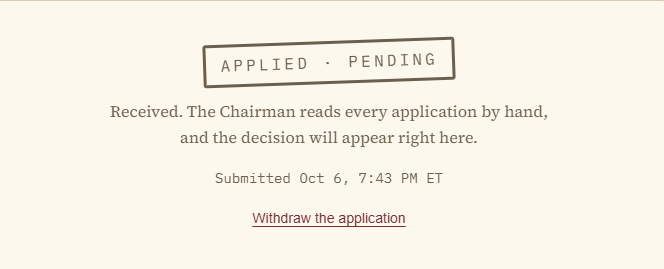 A webpage interface showing an 'APPLIED · PENDING' status for a submitted application, noting it was 'Submitted Oct 6, 7:43 PM ET' with a link to withdraw.