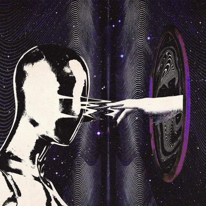 A stylized black-and-white illustration with purple accents depicts a figure reaching their hand through a portal-like opening into a cosmic, starry space.