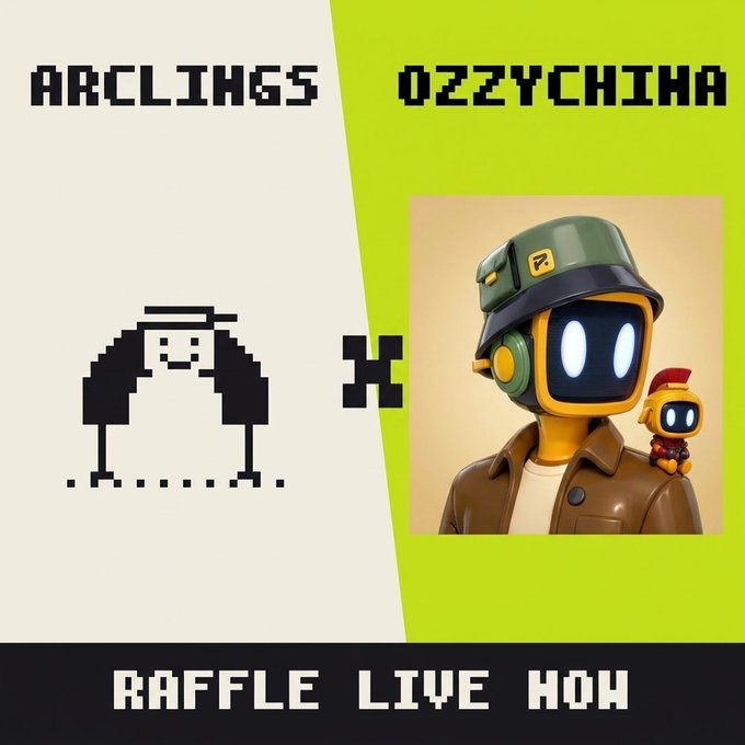 Promotional graphic for a raffle live now featuring ARCLIHGS and OZZYCHIIA, displaying a pixelated character on the left and a 3D rendered robot character with a smaller companion on the right against a green and beige background.