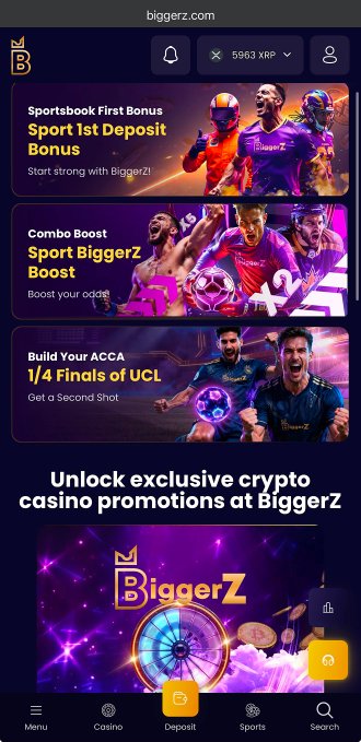 The image shows a smartphone screen displaying an app called "BiggerZ". The app has a purple background with white text, and there are several images of people playing sports displayed on its pages. The main focus of the app appears to be related to cryptocurrency, as indicated by the presence of the word "XRP" in the image description.

The post about XRP sits at the bottom right corner of the screen, with a caption that reads: "5963 XRP sitting in balance. @biggerzofficial really been printing lately." The app is designed to help users manage their cryptocurrency investments and transactions more efficiently.