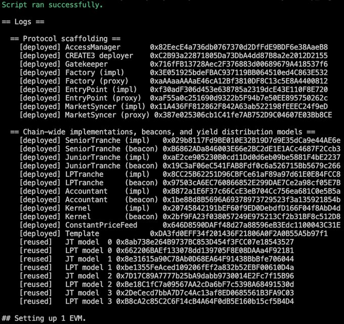 Terminal output showing a successful script run, listing deployed protocol scaffolding contracts like AccessManager, CREATE3, Gatekeeper, and Factory on a blockchain.