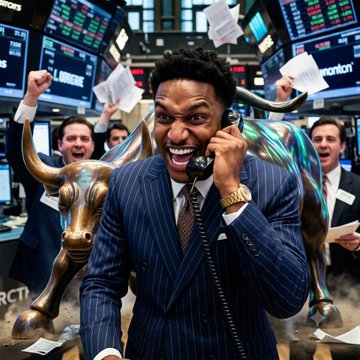 A man in a pinstripe suit excitedly talking on a phone with his mouth open wide, while people behind him throw papers in celebration. A bronze bull statue is visible on a stock exchange trading floor.