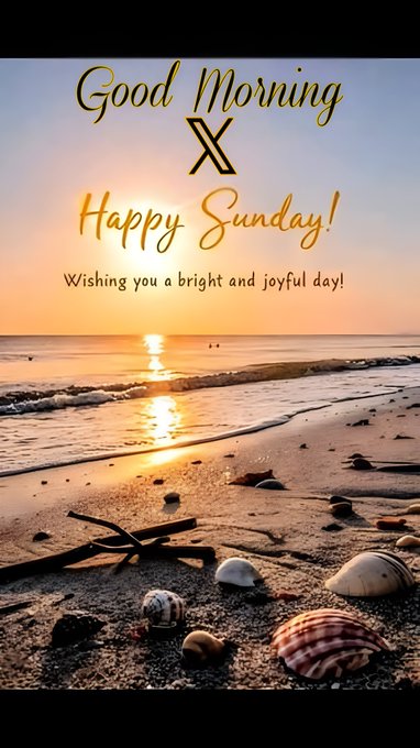 A beach scene at sunrise with seashells on the sand and text reading 'Good Morning X Happy Sunday! Wishing you a bright and joyful day!'.