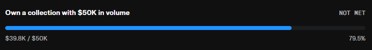 A progress bar shows the collection has reached $39.8K of the required $50K volume, or 79.5%, so the target is “NOT MET.” This is relevant to the Xco collection/OpenSea verification discussion, as reaching $100 floor may depend on the remaining verification or reveal-related activity.