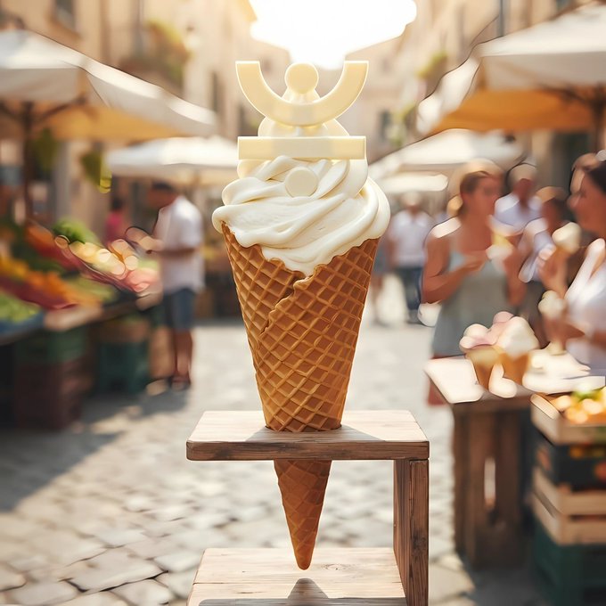 A stylized image shows an ice cream cone topped with a white swirl and a crescent-like golden symbol, displayed on a small wooden stand in a sunlit market street.