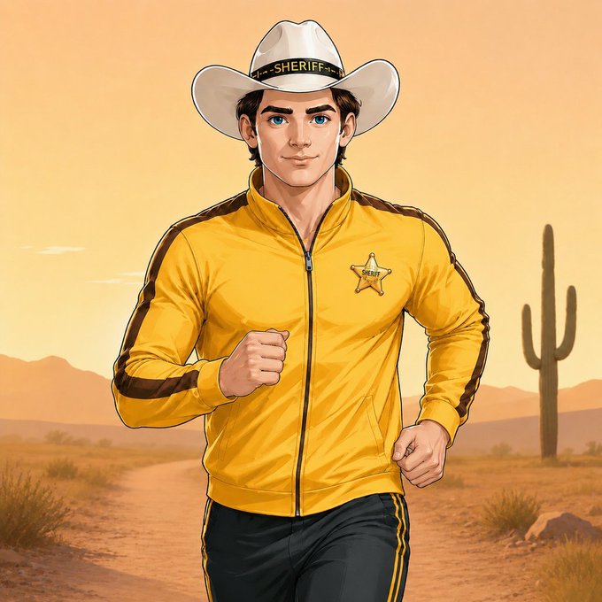 A sheriff jogs through a desert landscape at sunrise, wearing a cowboy hat labeled "SHERIFF" and a yellow track jacket featuring a sheriff's star badge. The image fits the cheerful "Good Morning Frens! Have a good weekend!" message by pairing it with a determined morning run against a bright, optimistic desert backdrop.