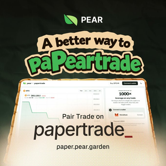 A PEAR promotional graphic reading "A better way to paPeartrade," advertising paper trading at paper.pear.garden with up to 1000x leverage.