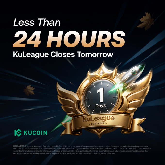 Promotional graphic from KuCoin alerting users that the KuLeague Fall 2026 competition closes in less than 24 hours, featuring a golden winged emblem with a countdown clock showing "1 Days" and the KuCoin logo against a dark blue background with autumn leaves. The image visually reinforces the post's urgent call-to-action for users to enter the trading competition before it ends, highlighting the limited time to qualify for the Lucky Draw rewards.