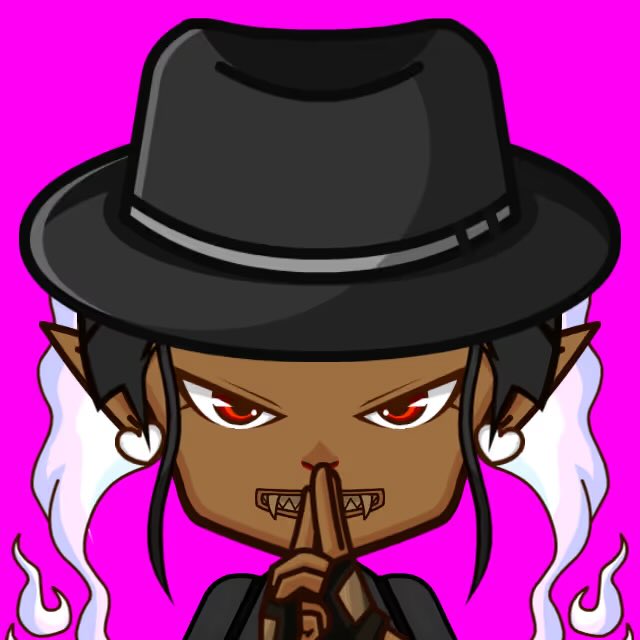 An animated character with dark skin, red eyes, white hair, and a black fedora posing with a finger to their lips against a bright pink background.