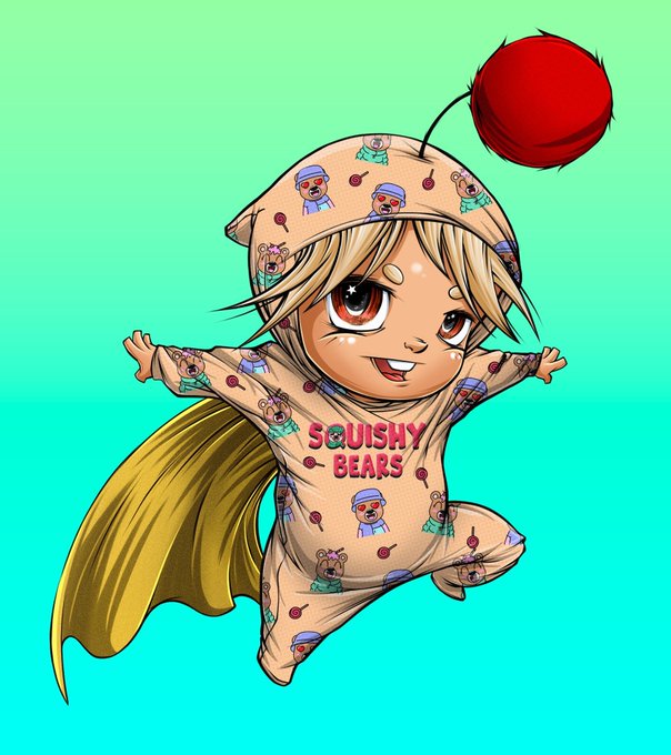 An anime-style chibi character with blonde hair and a fang smile, wearing a tan hooded onesie printed with small figures and 'Squishy Bears' text, with a red pom-pom on the hood.