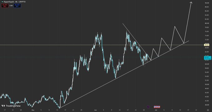 A TradingView chart for HYPE/USD shows price action with an ascending trendline support around $40 and projected higher targets above $80, illustrating the post's skepticism that buyers will get a dip entry at $40 since the asset appears to be trending upward toward higher levels.