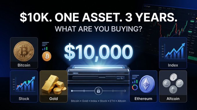 A graphic asks '$10K. ONE ASSET. 3 YEARS. WHAT ARE YOU BUYING?' featuring a central vault labeled '$10,000' surrounded by options for Bitcoin, Index, Stock, Gold, Ethereum, and Altcoin.