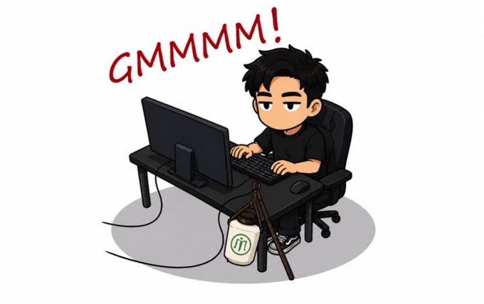 An illustration of a chibi-style character sitting at a desk with a computer, accompanied by the text 'GMMMM!' and a Noodle Inc. takeout bag nearby.