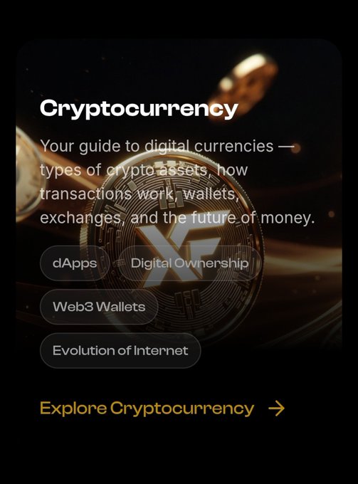A sleek, dark-themed digital card titled "Cryptocurrency" featuring a glowing XRP coin in the background, with descriptive text about digital currencies and tags for "dApps," "Digital Ownership," "Web3 Wallets," and "Evolution of Internet," accompanied by an "Explore Cryptocurrency" call-to-action button. The image visually complements the post's message by highlighting XRP as one example of a crypto asset built for a specific purpose—moving value and liquidity—rather than just a tradable ticker.