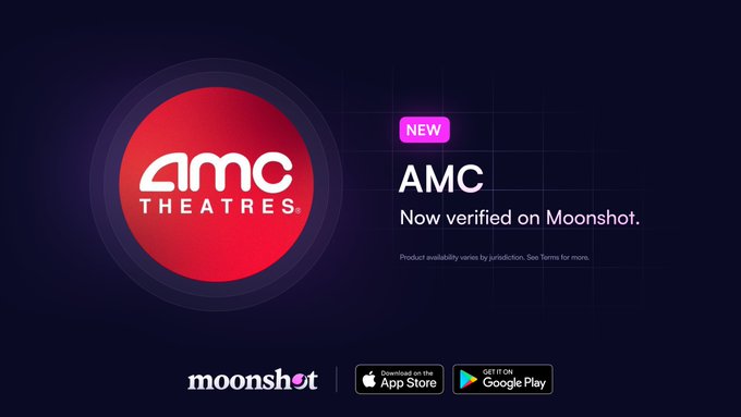 The image is a promotional announcement featuring the AMC Theatres logo on a red circular background alongside text reading "NEW AMC Now verified on Moonshot," with App Store and Google Play download buttons at the bottom and the Moonshot brand logo displayed. It visually reinforces the post's announcement that AMC Entertainment is now verified on the Moonshot platform and available in select countries.