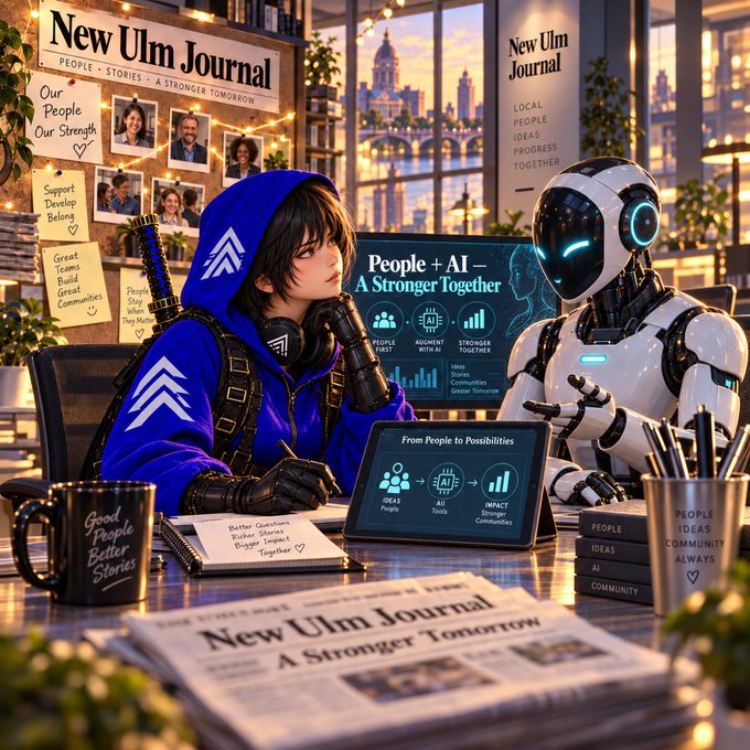 An anime-style illustration shows a character in a blue hoodie with a sword, sitting at a desk with an AI robot, working on a publication titled 'New Ulm Journal' with the theme 'People + AI - A Stronger Together'.