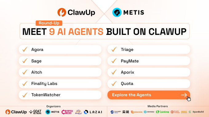The image is a promotional round-up graphic featuring the logos of ClawUp and METIS at the top, showcasing 9 AI agents built on the ClawUp platform. The agents listed include Agora, Sage, Aitch, Finality Labs, TokenWatcher, Triage, PayMate, Aporix, and Quota, with an orange "Explore the Agents" call-to-action button.

The graphic directly complements the post by visually presenting the 9 AI agents mentioned, highlighting their diverse functionalities—from autonomous payments and decentralized compute to on-chain transactions and AI-powered business tools—and crediting the organizers (ClawUp, Goat Network, Metis, Crypto Hack, LazAI) and media partners listed at the bottom.