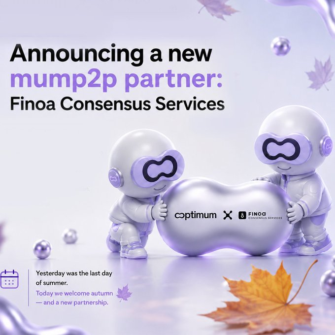 A promotional graphic announcing a new mump2p partnership between Optimum and Finoa Consensus Services, featuring two 3D-rendered purple and white astronaut mascots holding a large pearl-like object displaying both company logos, with text reading "Announcing a new mump2p partner: Finoa Consensus Services" and a note that "Yesterday was the last day of summer. Today we welcome autumn — and a new partnership."