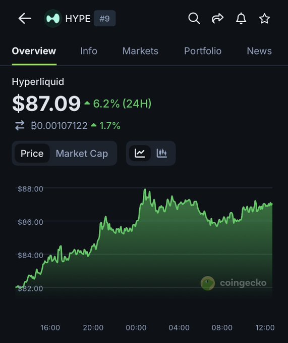 A CoinGecko mobile app screen showing the Hyperliquid (HYPE) token at $87.09, up 6.2% over 24 hours, with a green 24-hour price chart.