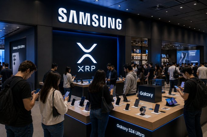 Customers explore Samsung Galaxy S24 Ultra devices at a flagship store displaying an XRP logo, visually illustrating the tech giant's growing ties to the XRP ecosystem and its push toward crypto adoption.