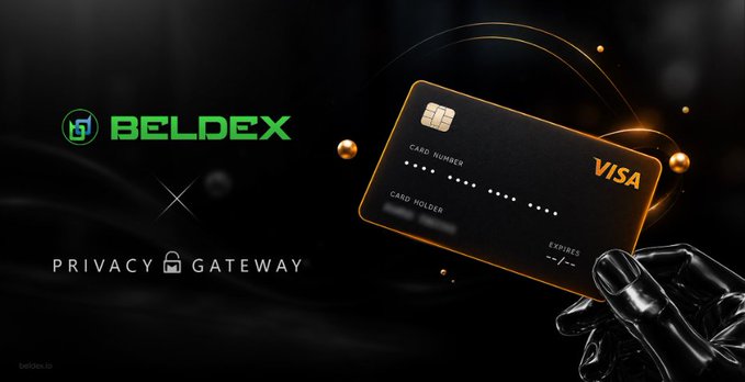 A promotional graphic for Beldex (BDX) displayed as a 'Privacy Gateway,' featuring a black and orange Visa credit card held by a metallic robotic hand against a dark background.
