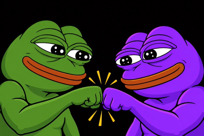 A digital illustration showing two Pepe-style frogs, one green and one purple, giving each other a fist bump.