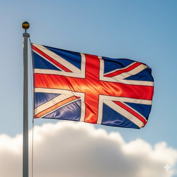 A digitally rendered Union Jack flag waving against a blue sky with clouds.