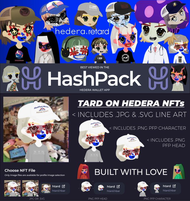 A promotional graphic for 'hedera.retard' NFTs on HashPack Hedera Wallet App, advertising a 'TARD ON HEDERA' NFT collection that includes JPG/SVG line art and PNG PFP character files, featuring various cartoon avatar designs.