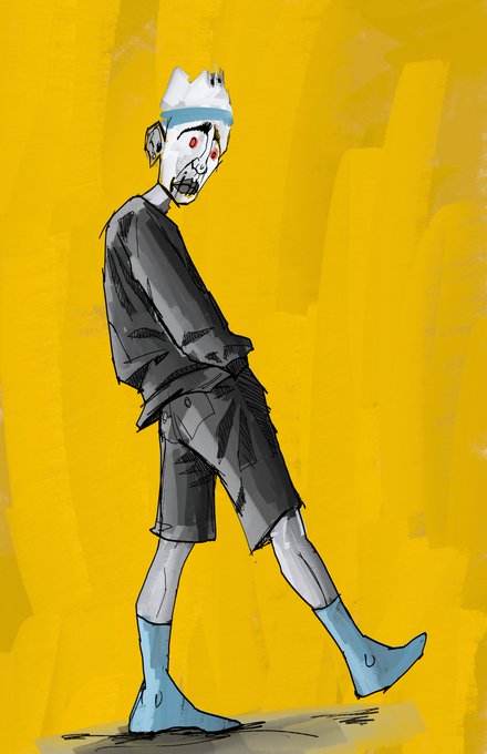 A gaunt, zombie-like figure with sunken red eyes and a paper crown stumbles against a vivid yellow background, embodying the eerie, unsettling vibe that pairs with the brief "gM!" morning greeting.