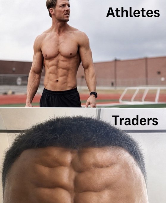A meme contrasting 'Athletes' showing a muscular man at a track with 'Traders' showing a close-up of a man's forehead with abs drawn on it to represent a wrinkled brow.