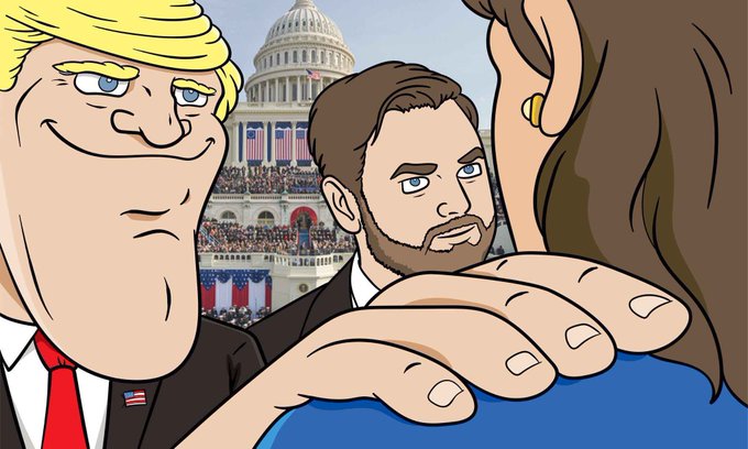 A cartoon-style image shows caricatures of President Donald Trump and Vice President JD Vance, with the U.S. Capitol building in the background during what appears to be an inauguration ceremony. The satirical illustration relates to the post's theme of unpredictability, depicting political figures in a stylized way that complements the criticism about mixed messaging regarding cryptocurrency markets and foreign policy.