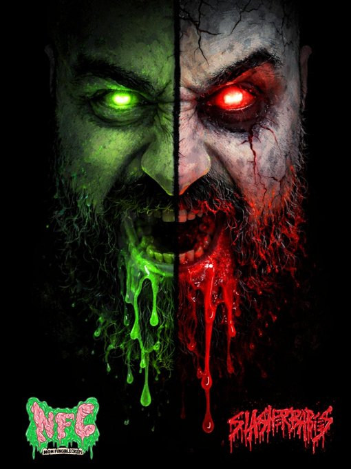 A dark, horror-themed digital illustration featuring a split face with a glowing green eye on the left labeled 'NFFC from Vegas' and a glowing red eye on the right labeled 'Frank Forbes,' with green and red liquid dripping from the mouths.