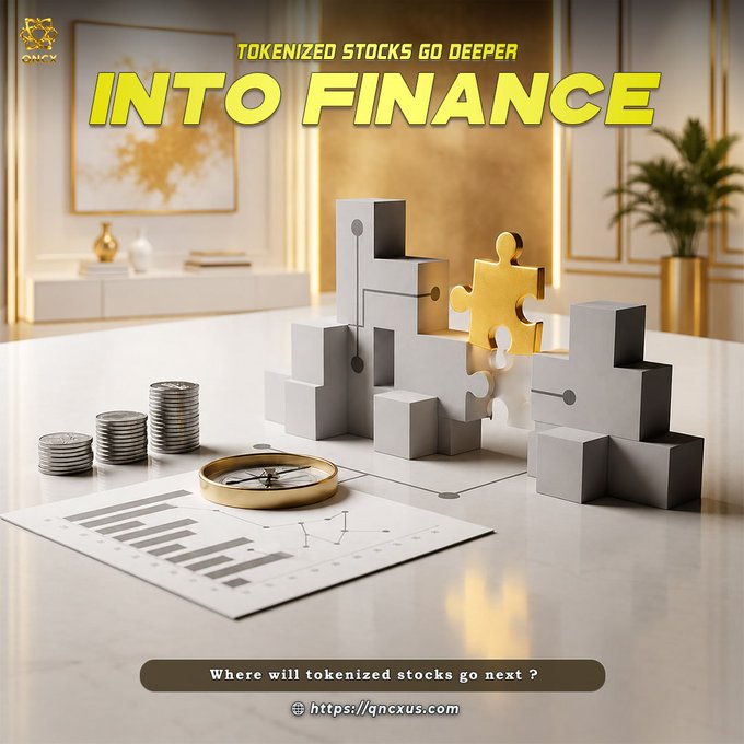 A promotional graphic featuring the text "TOKENIZED STOCKS GO DEEPER INTO FINANCE" alongside a magnifying glass, coins, a bar chart, and puzzle pieces—one gold piece connecting into gray blocks—symbolizing the integration of tokenized stocks into traditional finance, with the tagline "Where will tokenized stocks go next?" and the website qncxus.com displayed at the bottom.