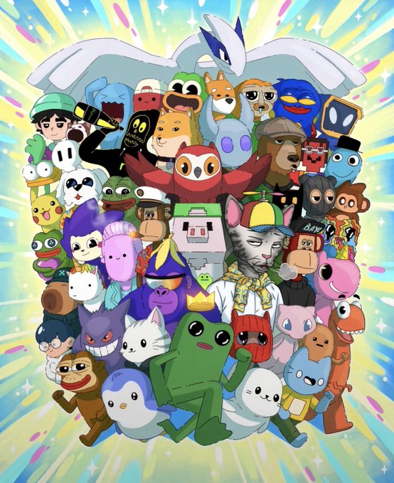 A colorful collage features various cartoon, game, and meme characters densely packed together with a rainbow radiating from the background.
