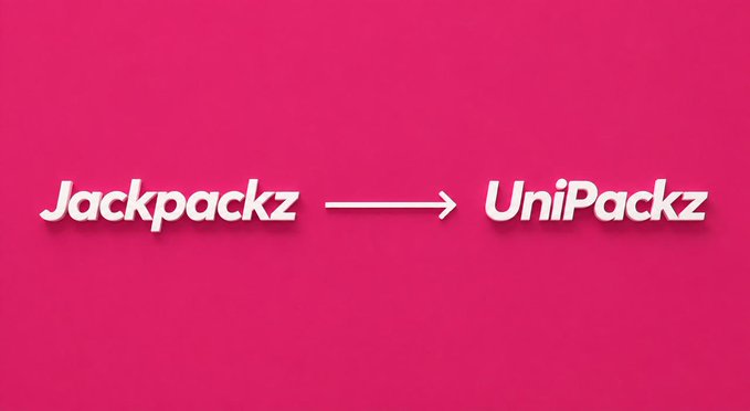 A pink graphic with white text showing the transition from "Jackpackz" to "UniPackz" with an arrow between them.