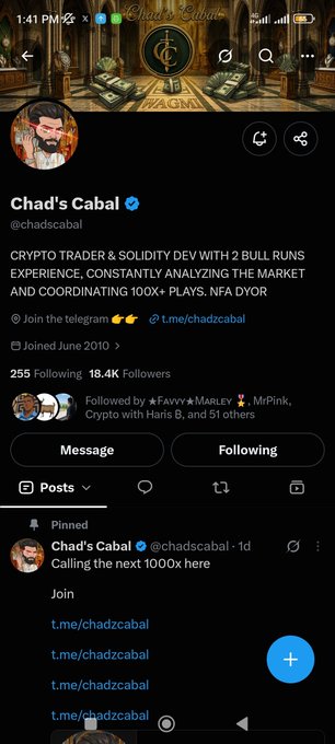 A Twitter/X profile page for "Chad's Cabal" (@chadscabal), a verified account describing itself as a "CRYPTO TRADER & SOLIDITY DEV" with 18.4K followers, featuring a pinned post titled "Calling the next 1000x here."