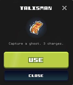 A pixel-art 'TALISMAN' game interface showing a red crystal item labeled 'Capture a ghost. 3 charges.' with 'USE' and 'CLOSE' buttons.