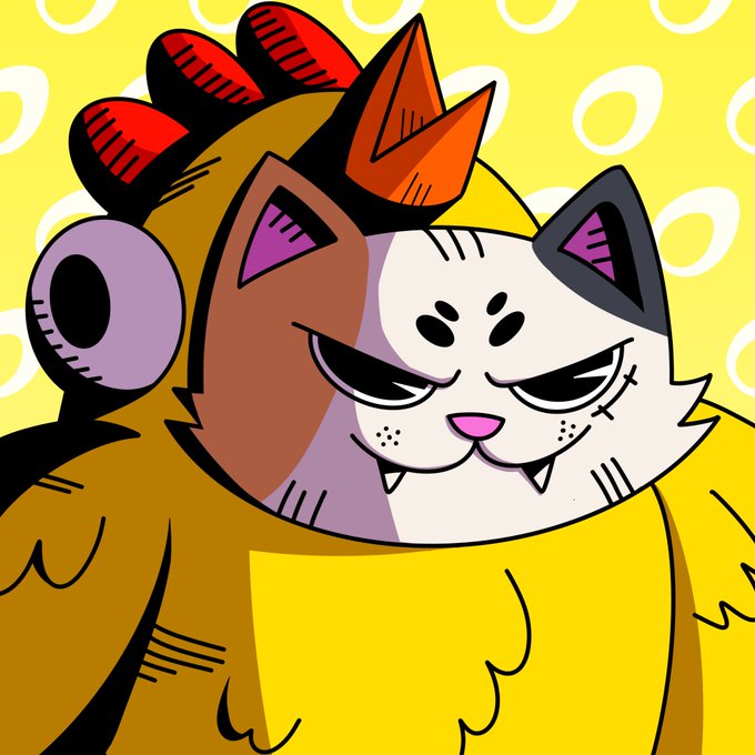 A cartoon cat dressed in a yellow dinosaur costume with red spikes and orange horns sports an edgy expression with half-closed eyes and fangs, set against a vibrant yellow polka-dot background. The playful, quirky illustration pairs with the post's excitement about finally launching and collecting a long-awaited NFT, adding a fun, meme-like vibe to the crypto announcement.
