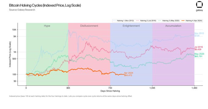A chart from Galaxy Research titled "Bitcoin Halving Cycles (Indexed Price, Log Scale)" comparing the price trajectories of Bitcoin's four halvings (November 2012, July 2016, May 2020, and April 2024) over approximately 1,460 days, with the current cycle (April 2024) at an indexed price of 84.412. The chart is divided into four phases—Hype, Disillusionment, Enlightenment, and Accumulation—and shows that while previous cycles saw significant price appreciation (peaking at $22k and $68.8k indexed values), the 2024 halving cycle has remained relatively flat near the 100 baseline, aligning with the post's uncommented presentation of cycle data.